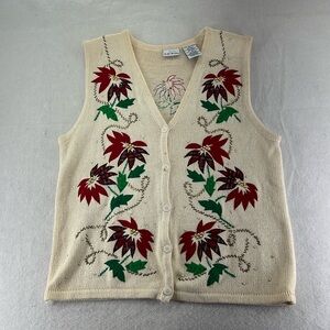 Vintage Bobbie Brooks Sweater Vest Button Up Floral Tan Red Womens M Knit